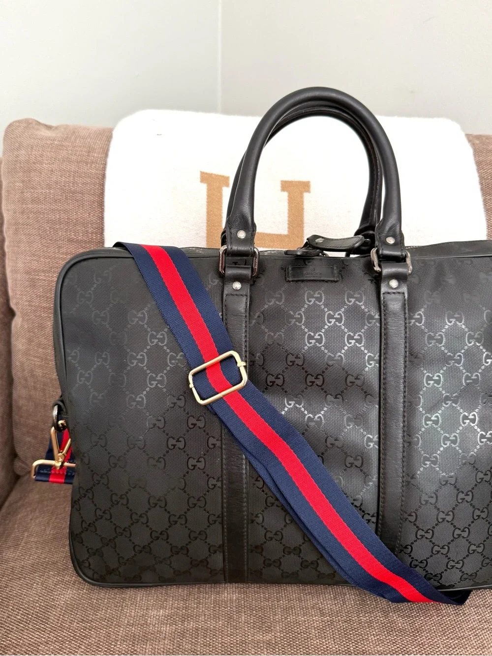 Gucci authentic black monogram imprime coated canvas unisex laptop bag